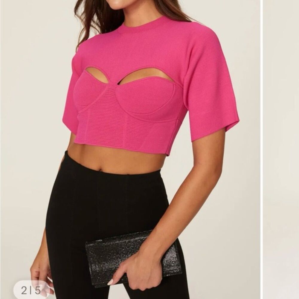 Hervé Léger Hot Pink Bandage Short Sleeve Crop Top Size M EUC